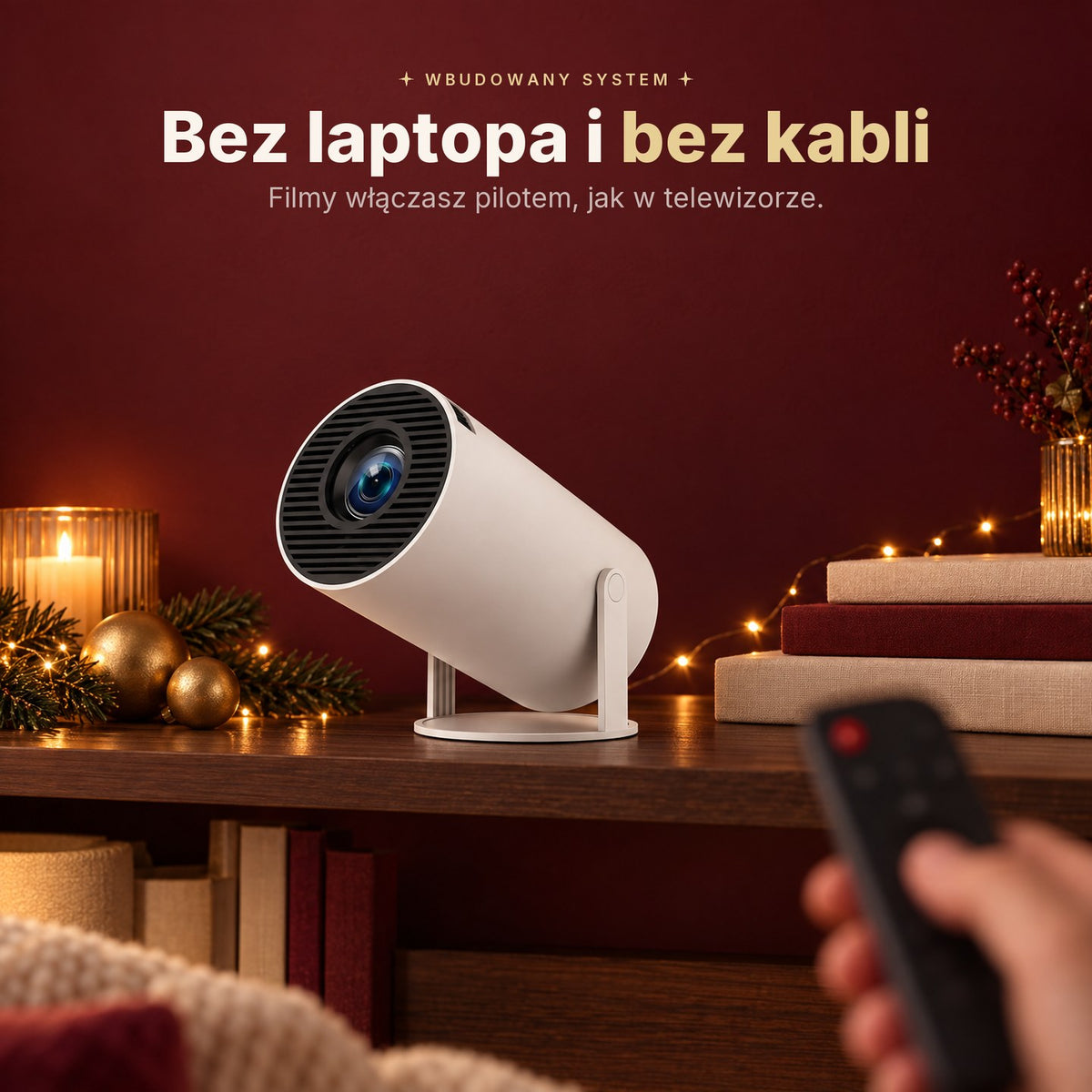 Projektor na polce sterowany pilotem, wbudowany system bez kabli