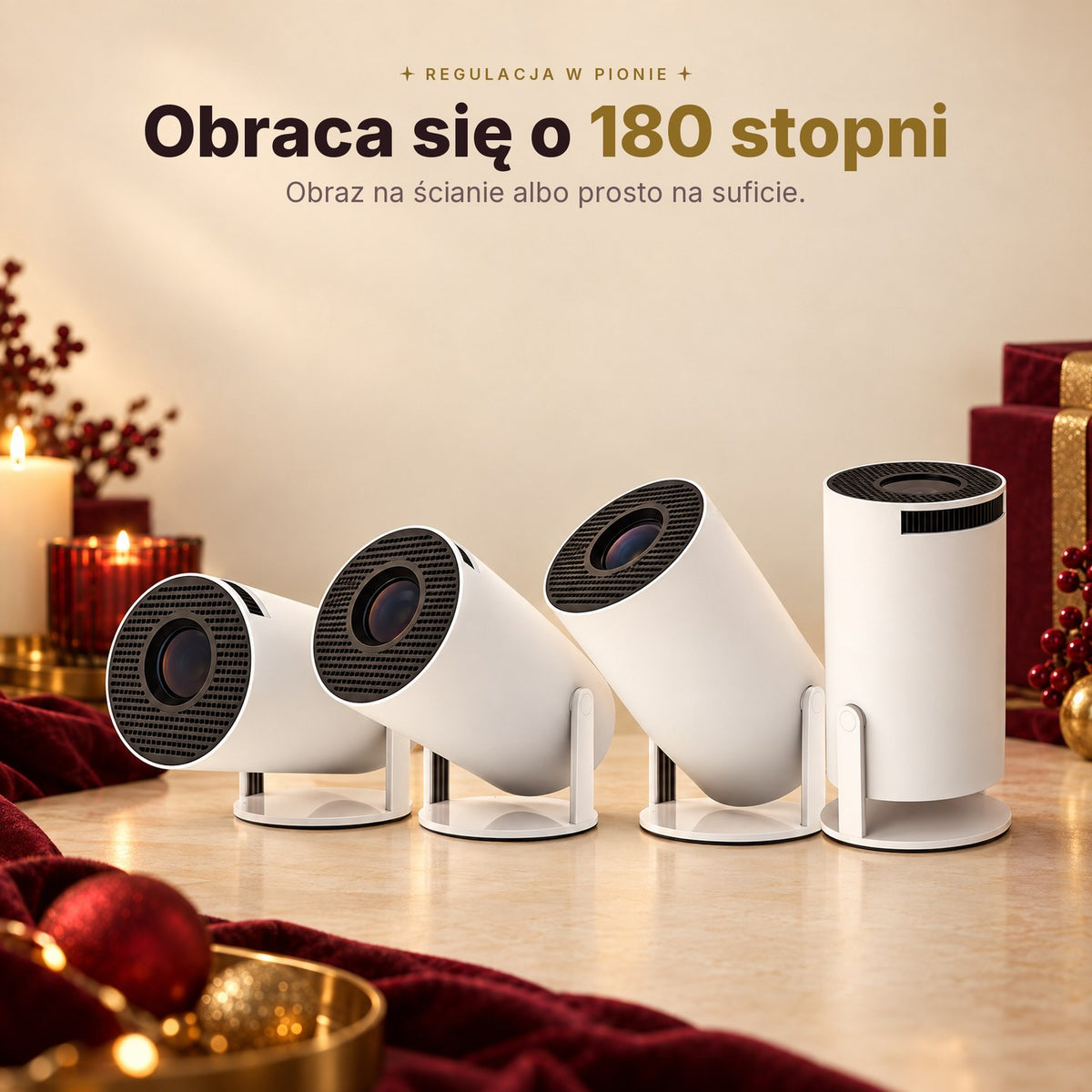 Projektor obraca sie o 180 stopni, obraz na scianie albo na suficie