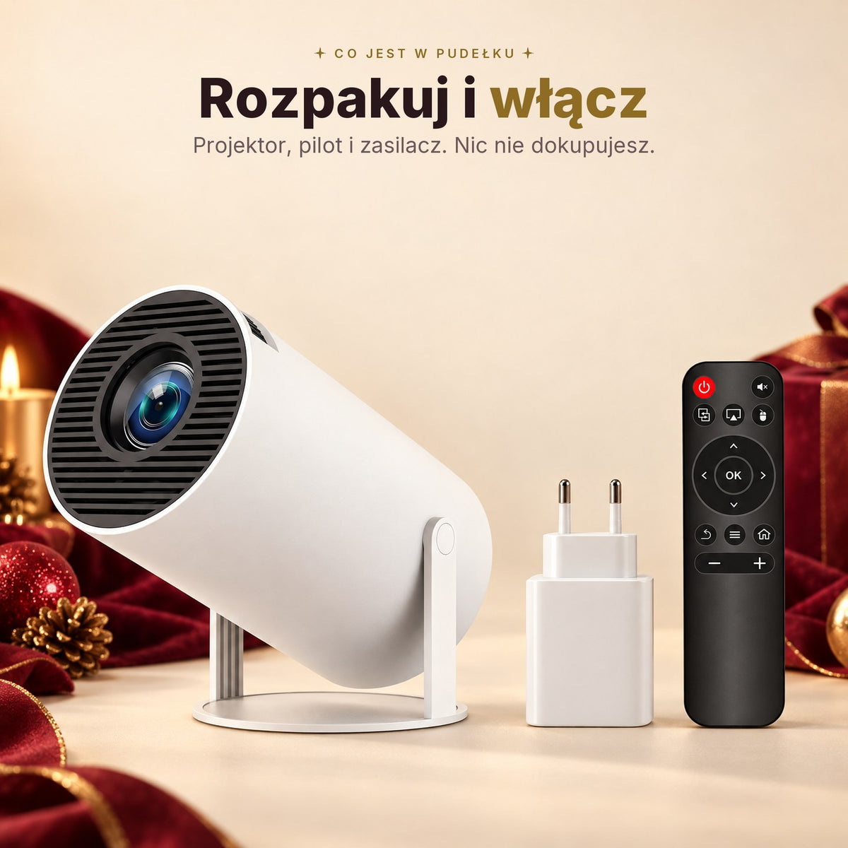Zawartosc pudelka: projektor, pilot i zasilacz